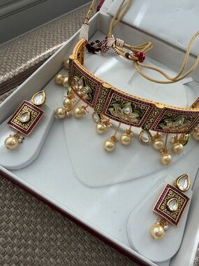 Gold-Tone Kundan Choker Necklace with Burgundy and Green Enamel and Pearl Drops